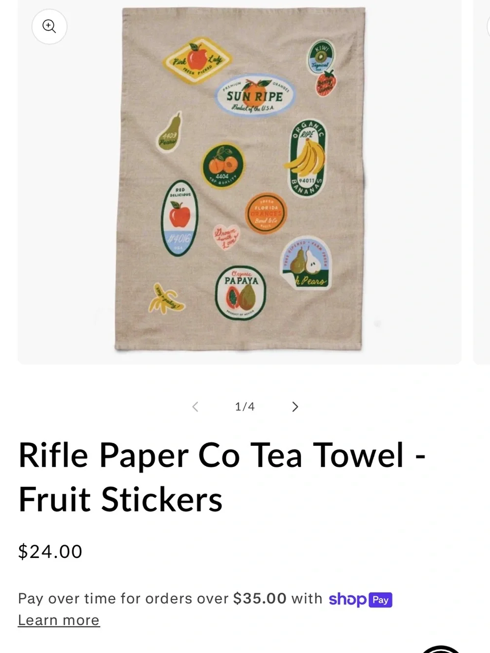 Rifle Paper Co. Fruit Label Tea Towel in Beige, Green, Yellow, Orange, Red
